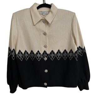 St. John Evening Marie Gray Santana Knit Jacket Crystal Argyle Sz 12 Black Cream